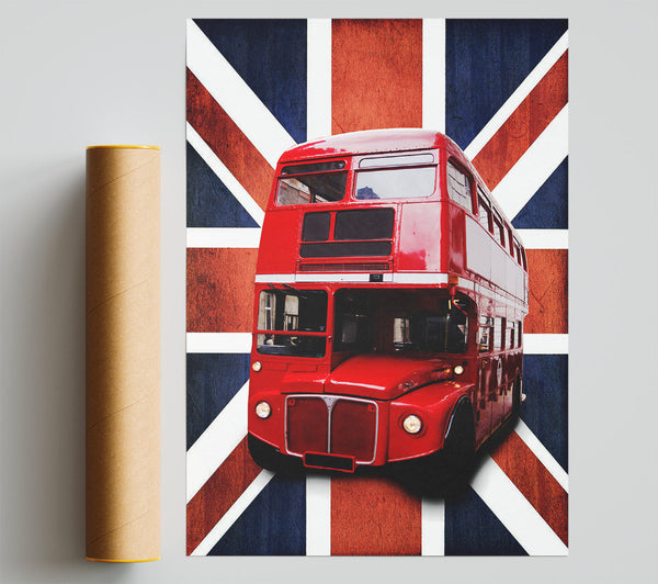 Red Bus On The British Flag Poster