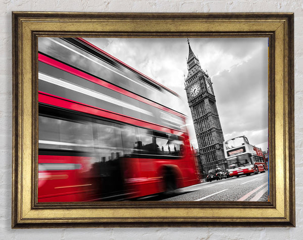 Iconic Red Bus Passed Big Ben Framed Print