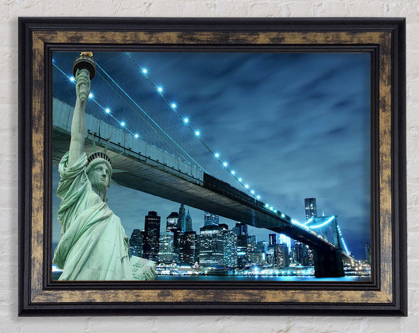 Statue Of Liberty Brooklyn Bridge Nights Framed Print
