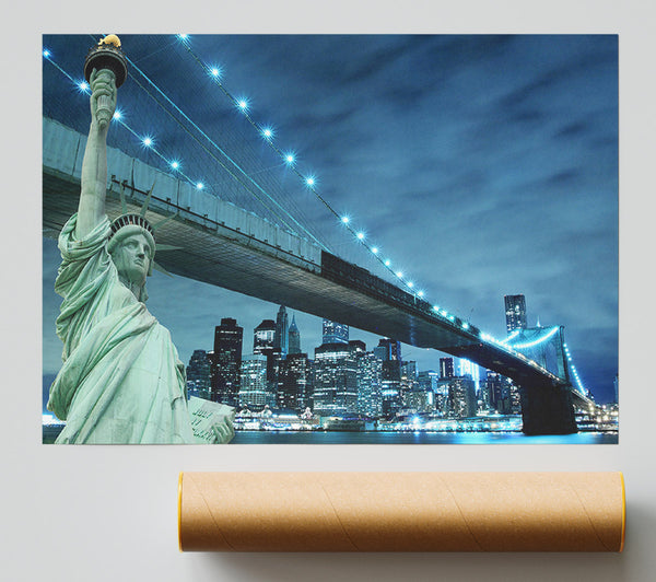 Statue Of Liberty Brooklyn Bridge Nights Poster