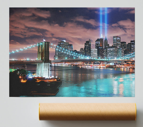 Stunning City Lights Over The Brooklyn Bridge Poster
