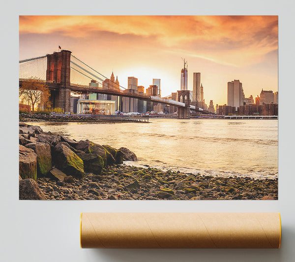 As The Sun Comes Up Over The Brooklyn Bridge Print