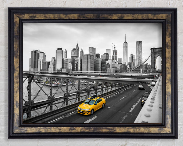 Yellow Cab On Brooklyn Bridge Framed Print