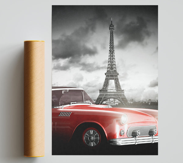 Eiffel Tower Retro Car Giclee Print