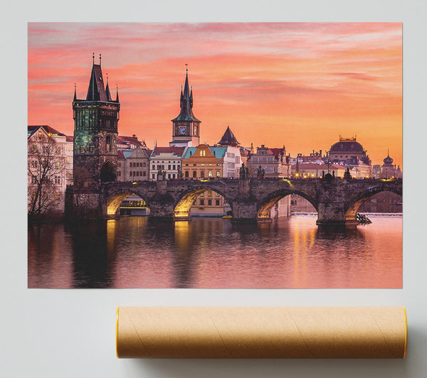 Stunning Pink Skies Over The City Poster