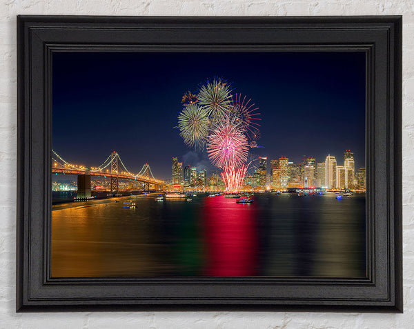Fireworks Over The Golden Gate Bridge Framed Print
