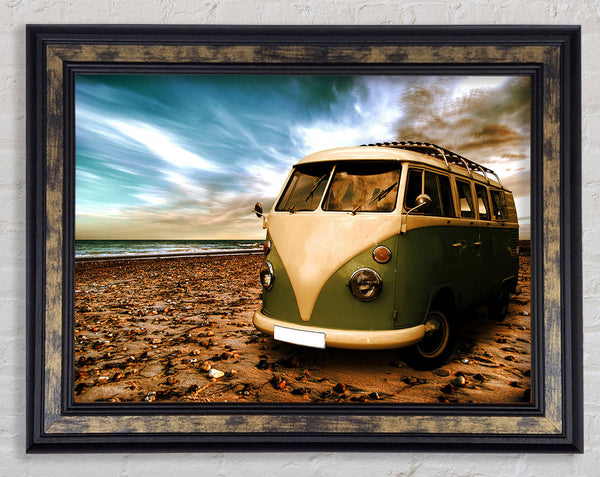 VW Camper At The Beach Green Framed Print