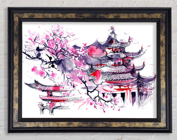 Chinese Village Red And Framed Print