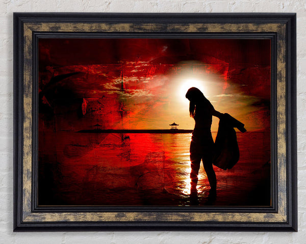 Red Sunset Ocean Walk Framed Print