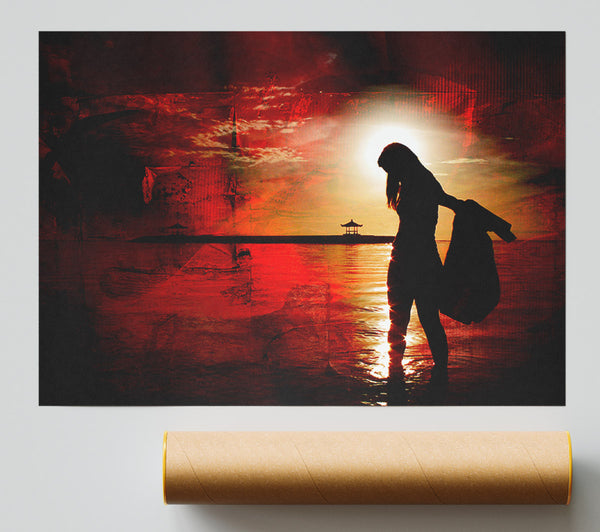 Red Sunset Ocean Walk Giclee Print