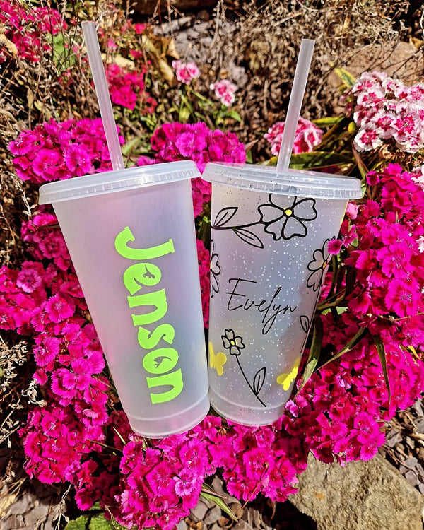 Personalised Name Dino Tumbler Venti Cold Cup 24oz - With Straw (Name Colour Can Be Chosen)