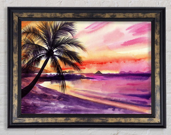 Watercolour Purple Palm Tree Ocean Framed Print