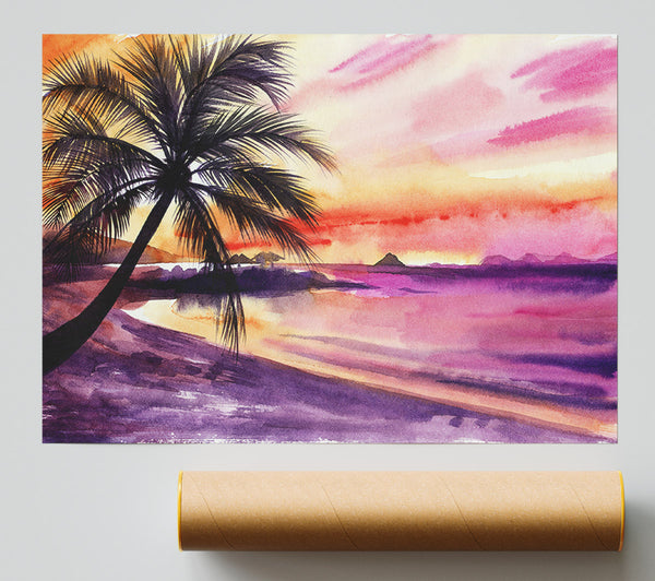 Watercolour Purple Palm Tree Ocean Print