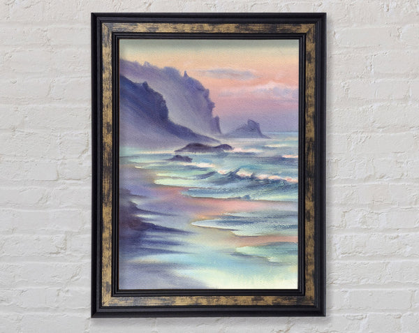 Ocean Waves Against The Mountain Rocks Framed Print