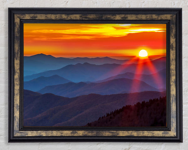 Blue Misty Mountain Sun 3 Framed Print