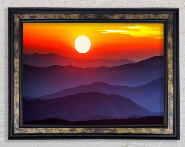 Blue Misty Mountain Sun 2 Framed Print