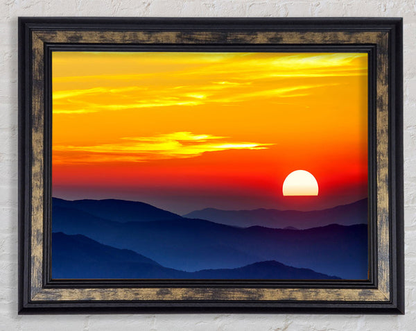 Blue Misty Mountain Sun 1 Framed Print