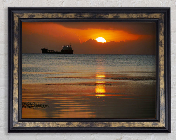 Ocean Ship Sun Glow Framed Print