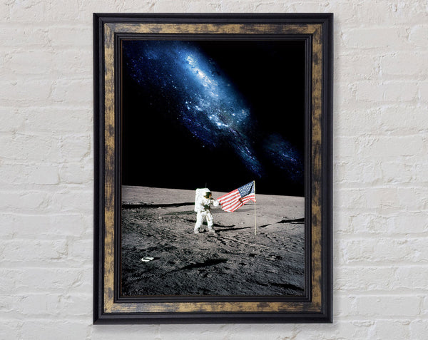 Astronaut And The American Flag On The Moon Framed Print