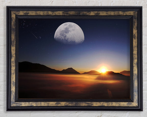 Moon Above The Mountain Sunset Framed Print