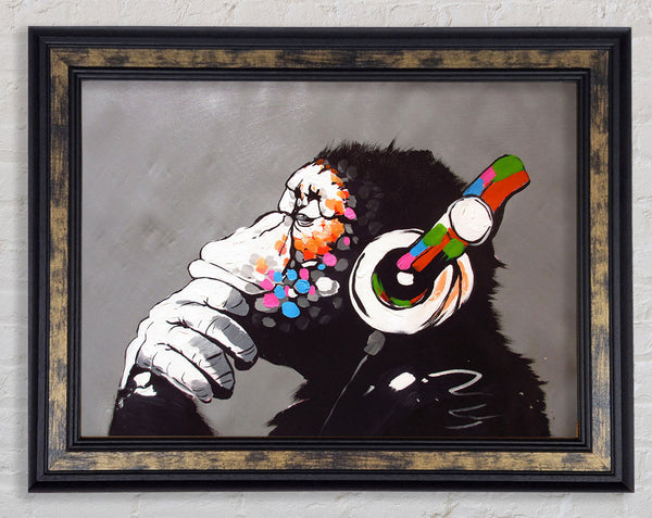 Chimp Headphones Thinking Framed Print