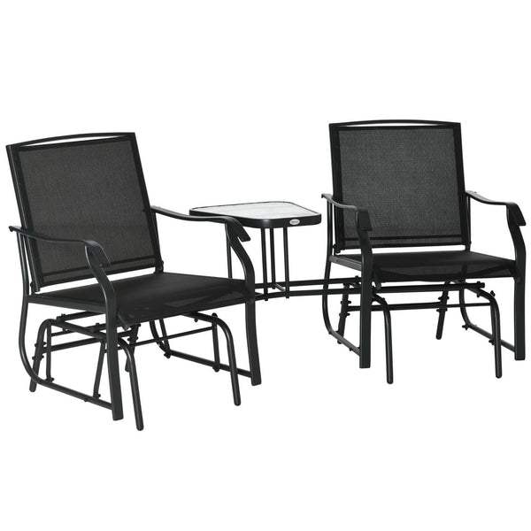 Garden Double Glider Rocking Chairs Metal Gliding Love Seat with Middle Table Conversation Set Patio Backyard Relax Outdoor Furniture Black