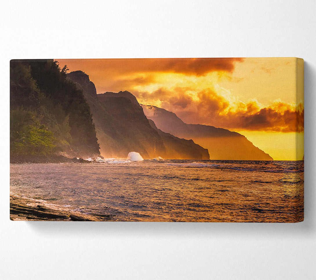  A Canvas Print of Cliff sunset crashing ocean Canvas Print