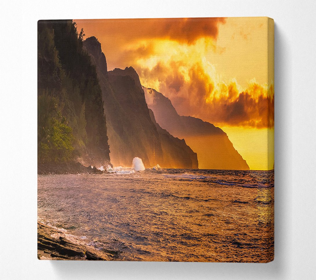  A Canvas Print of Cliff sunset crashing ocean Canvas Print