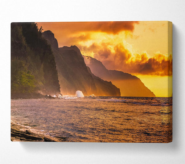  A Canvas Print of Cliff sunset crashing ocean Canvas Print