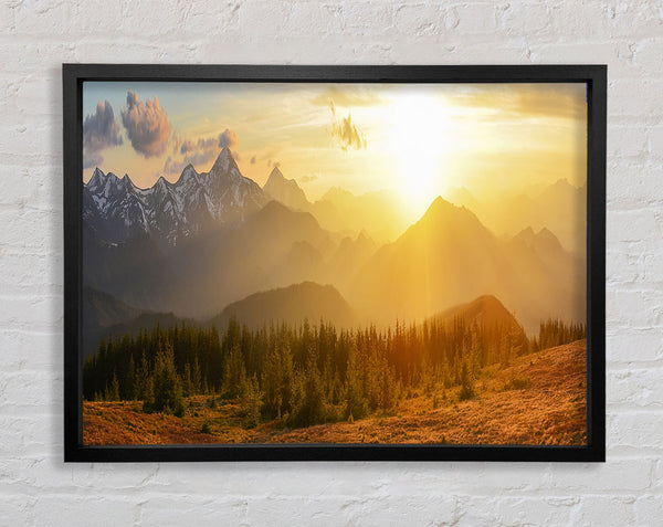 Tall mountains in the sunset Framed Print