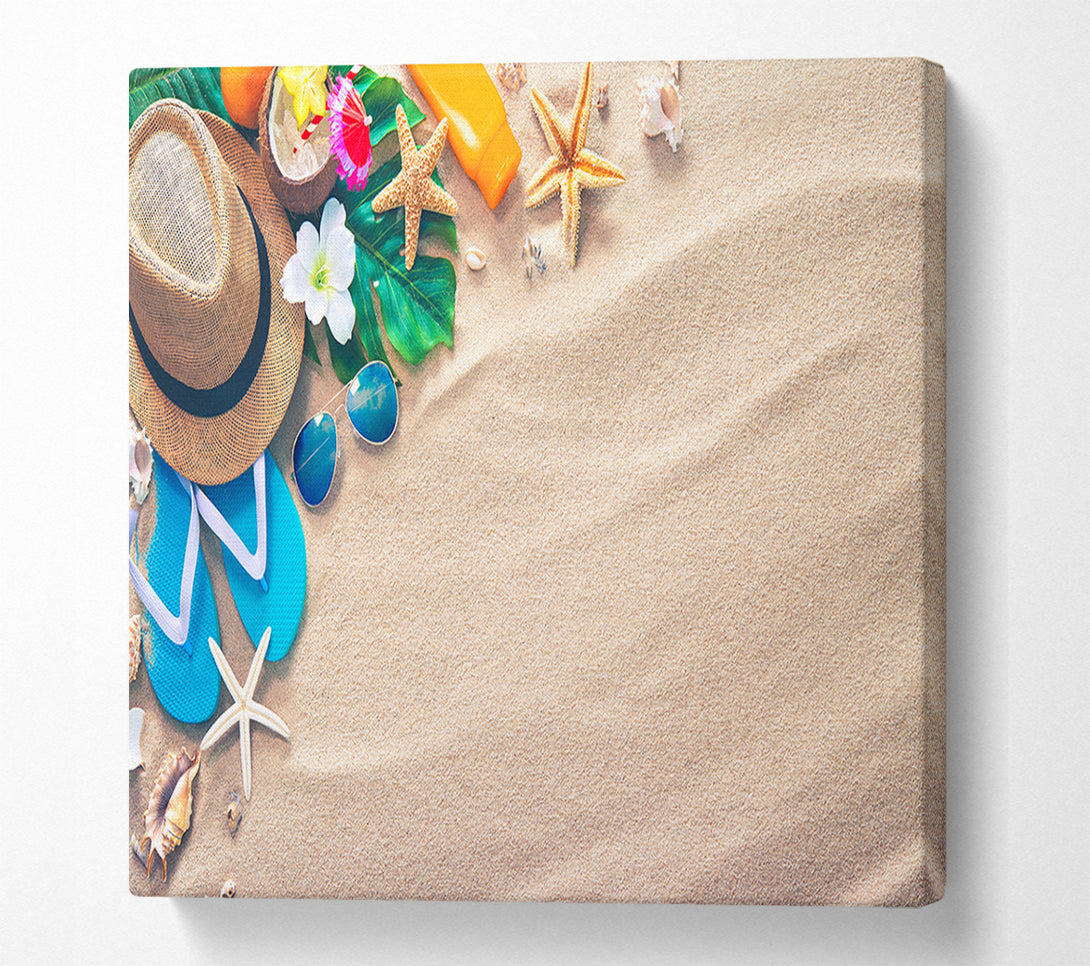  A Canvas Print of Sunglasses and hat on the beach Canvas Wall Art