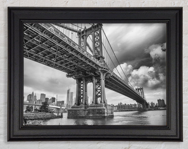 NYC black and white bridge under clouds Framed Print