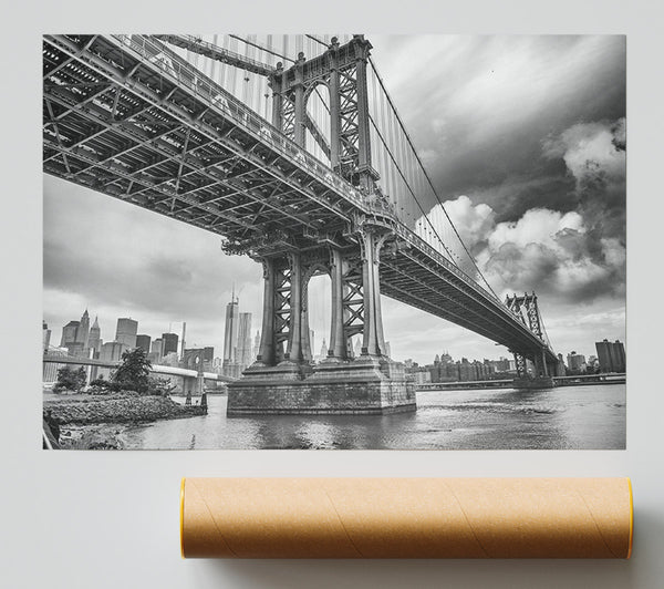 Nyc Black And White Bridge Under Clouds Poster