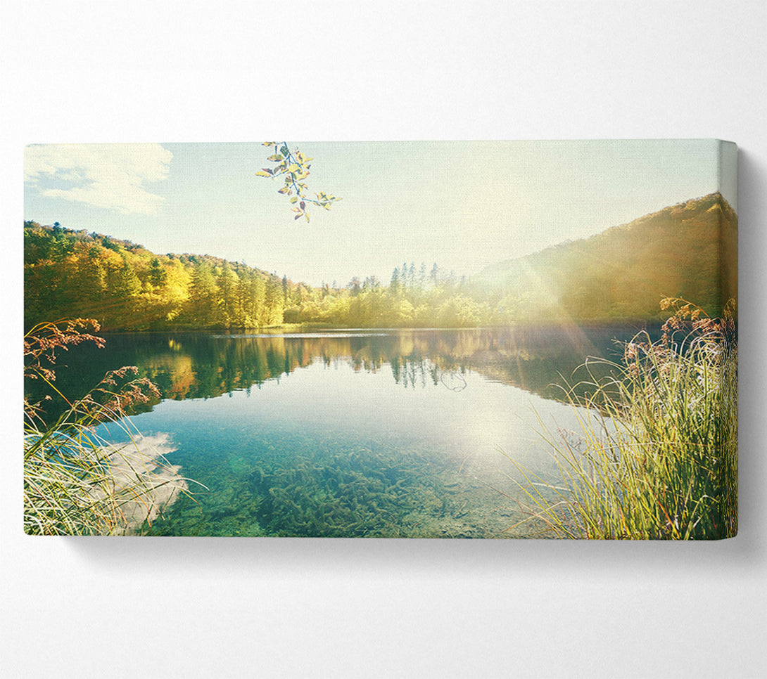 A Canvas Print of Sun shining on the calm river Canvas Print