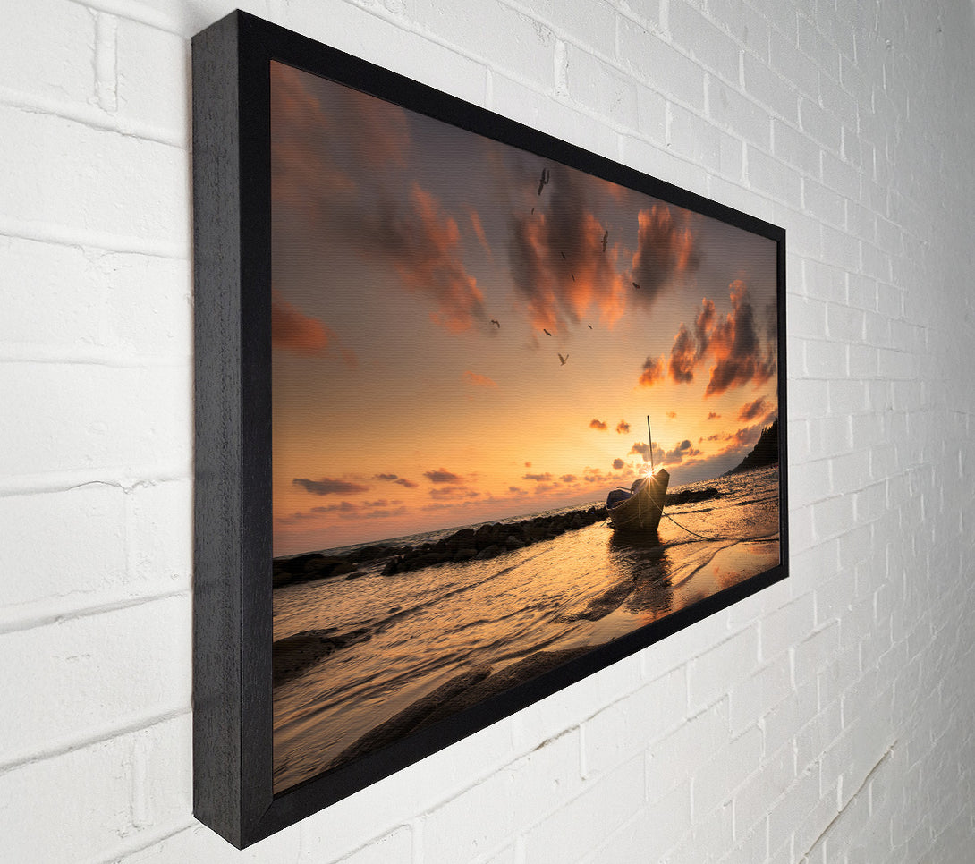  A Canvas Print of Sunset finishing boat on the beach Canvas Wall Art