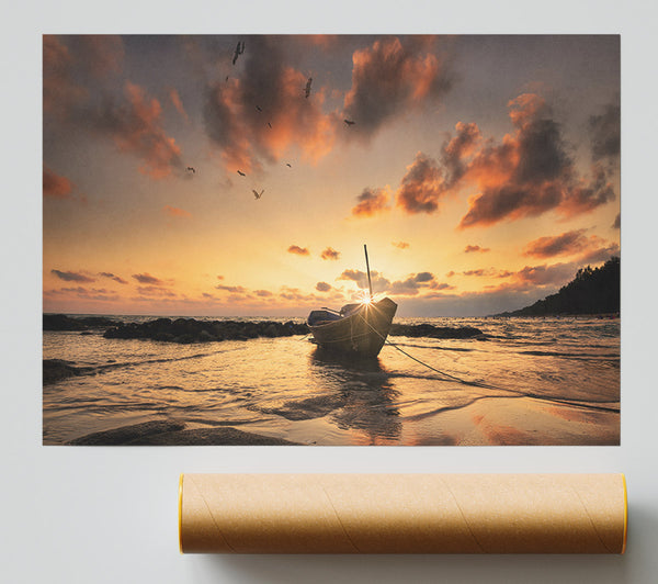 Sunset Finishing Boat On The Beach Giclee Print