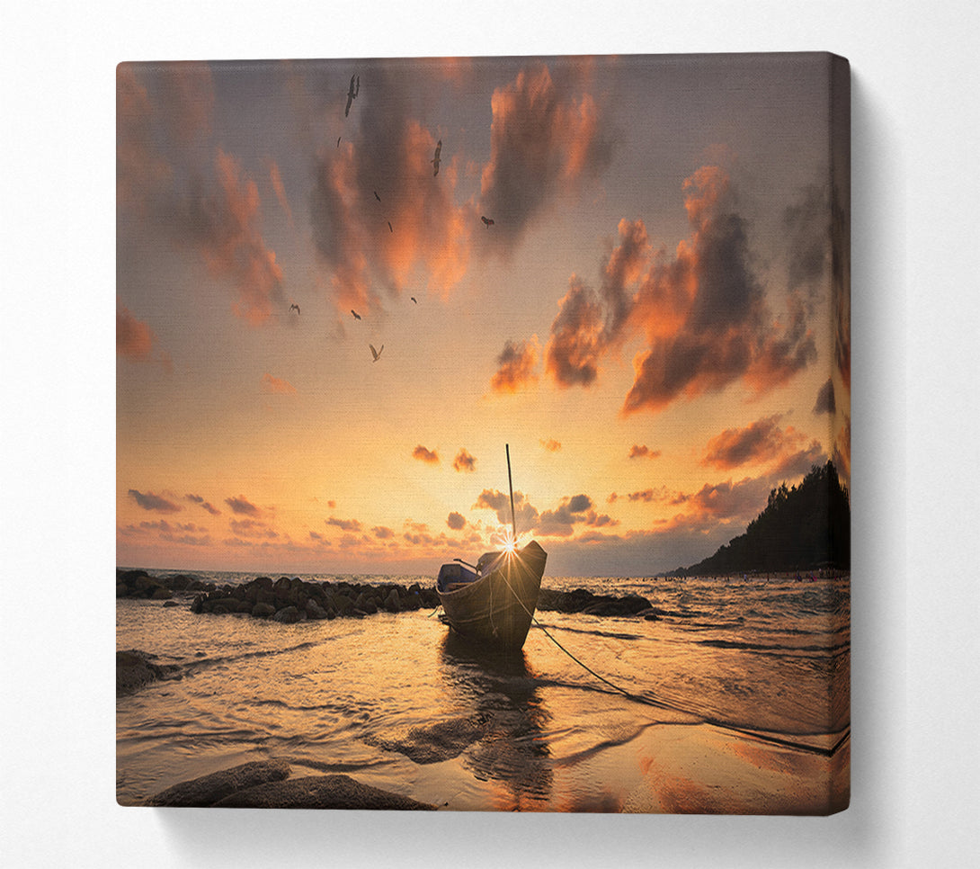  A Canvas Print of Sunset finishing boat on the beach Canvas Wall Art