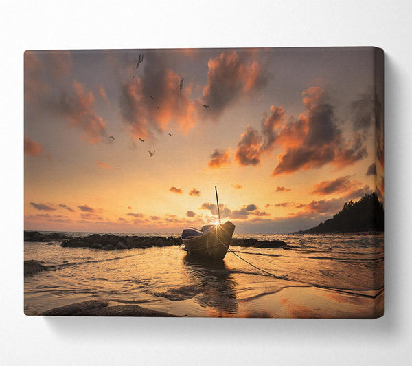  A Canvas Print of Sunset finishing boat on the beach Canvas Wall Art