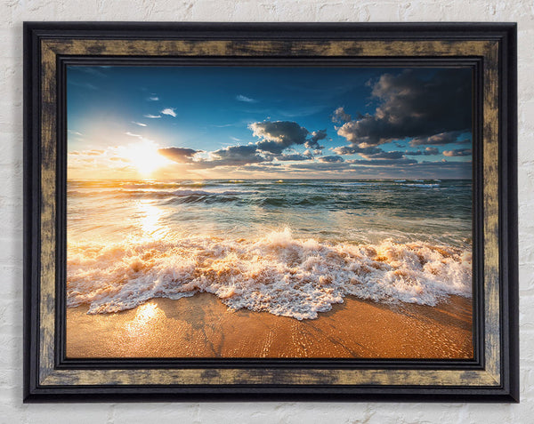 splashing waves on the beach Framed Print