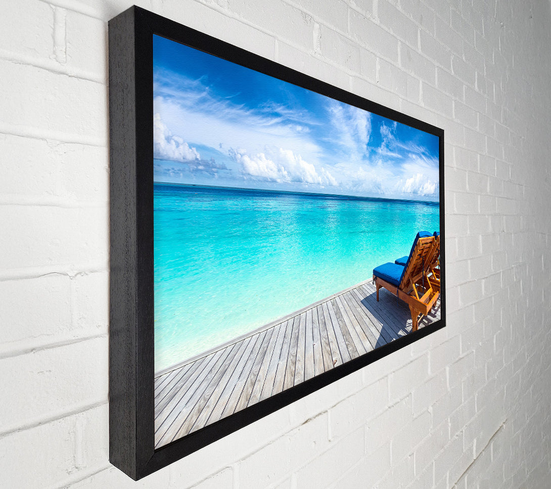  A Canvas Print of sunchairs on decking on the beach Canvas Wall Art