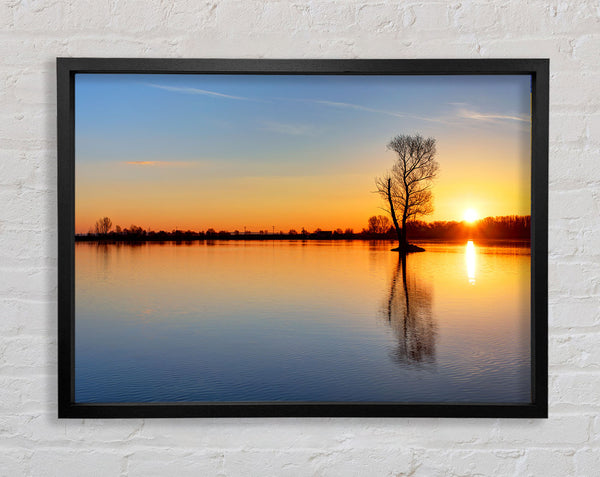 Sunset above the trees river Framed Print