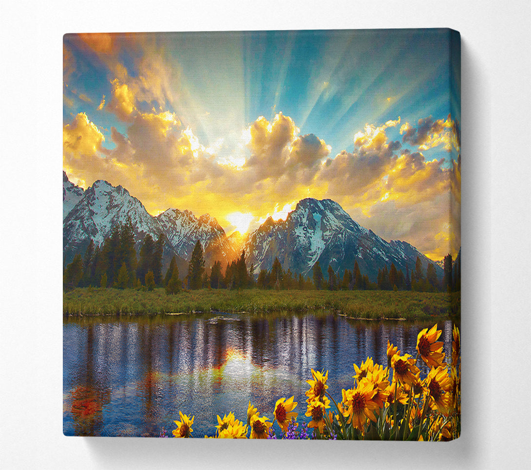  A Canvas Print of Flowers in front of the mountains Canvas Wall Art
