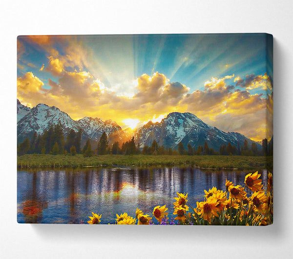  A Canvas Print of Flowers in front of the mountains Canvas Wall Art