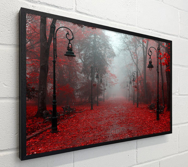 Red Autumn leaves streetlights