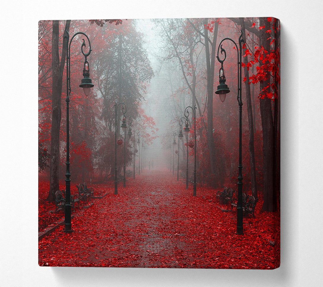  A Canvas Print of Red Autumn leaves streetlights Canvas Print