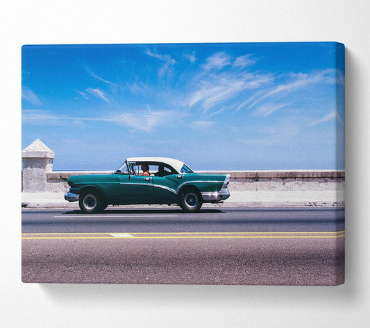 Classic car down the highway Canvas Wall Art