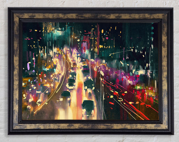 Busy Night Traffic Lights Watercolour Framed Print