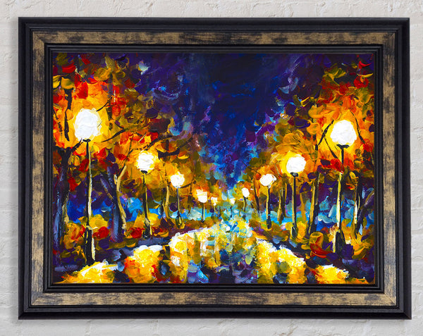 Streetlights At Night Gouche Framed Print