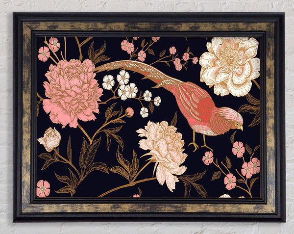 Pheasant And Flowers Framed Print
