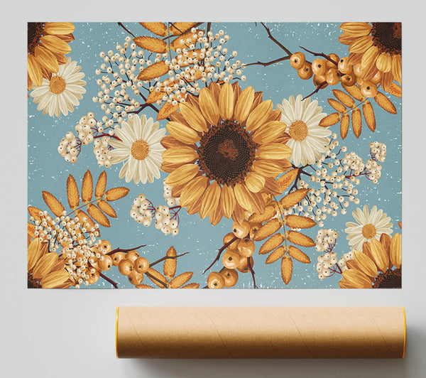 Sunflowers On Blue Print